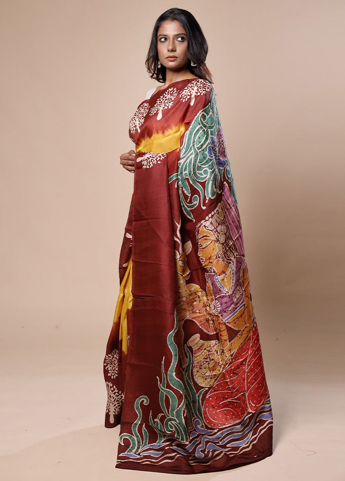 Yellow Printed Silk Saree Without Blouse Piece