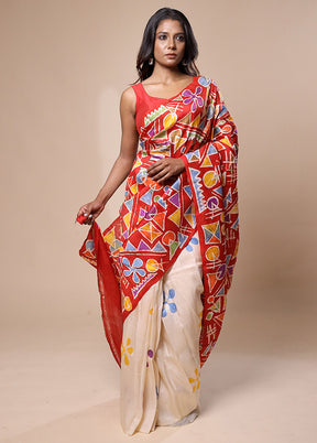 Red Printed Pure Silk Saree Without Blouse Piece
