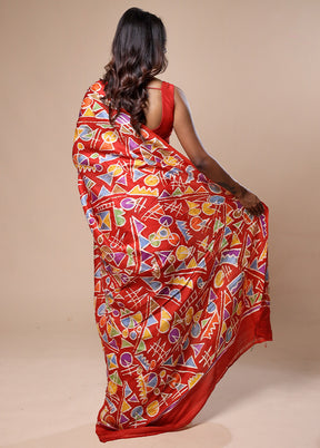 Red Printed Pure Silk Saree Without Blouse Piece