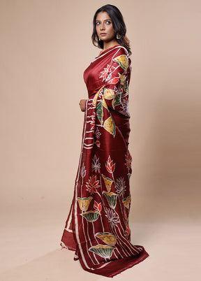 Maroon Printed Pure Silk Saree Without Blouse Piece