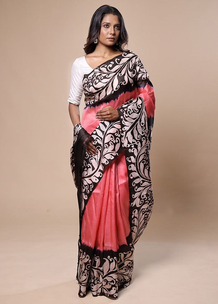 Pink Printed Silk Saree With Blouse Piece