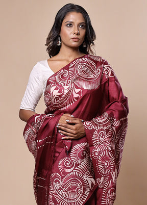 Maroon Printed Silk Saree Without Blouse Piece