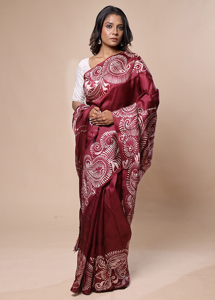 Maroon Printed Silk Saree Without Blouse Piece
