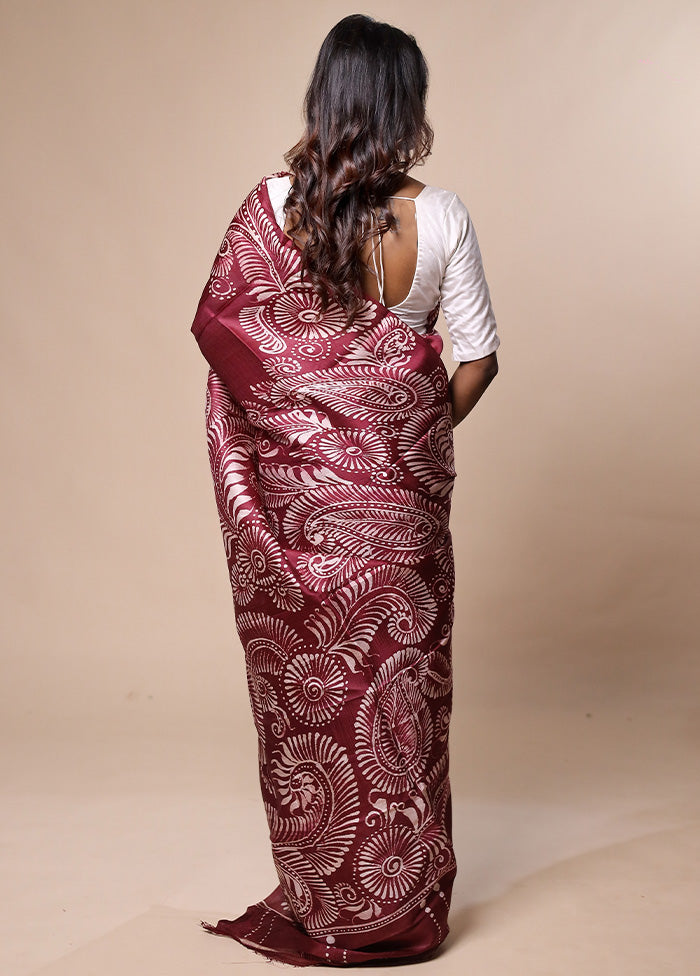 Maroon Printed Silk Saree Without Blouse Piece