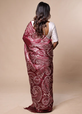 Maroon Printed Silk Saree Without Blouse Piece