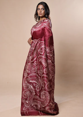 Maroon Printed Silk Saree Without Blouse Piece
