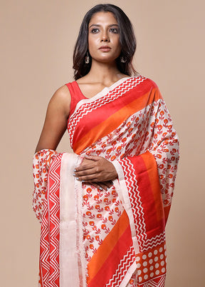 White Printed Silk Saree Without Blouse Piece