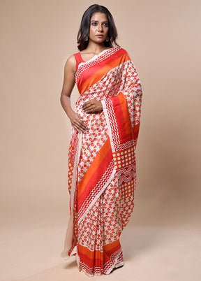 White Printed Silk Saree Without Blouse Piece