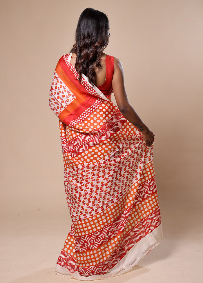 White Printed Silk Saree Without Blouse Piece