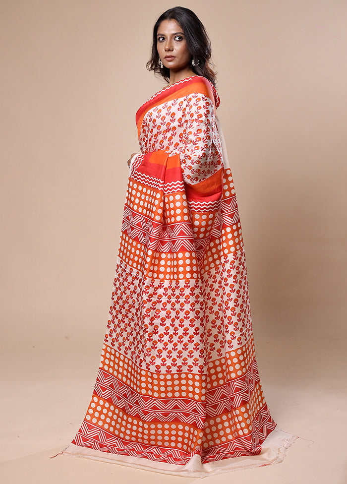 White Printed Silk Saree Without Blouse Piece
