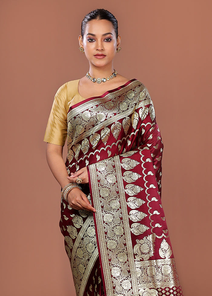 Maroon Banarasi Silk Saree With Blouse Piece