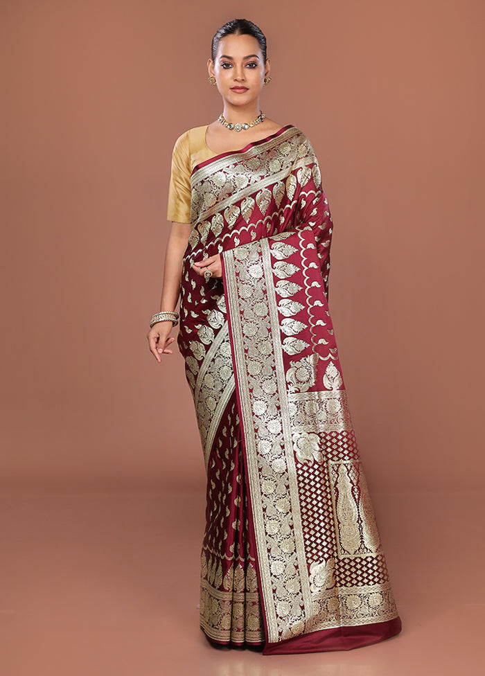 Maroon Banarasi Silk Saree With Blouse Piece