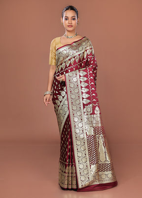 Maroon Banarasi Silk Saree With Blouse Piece