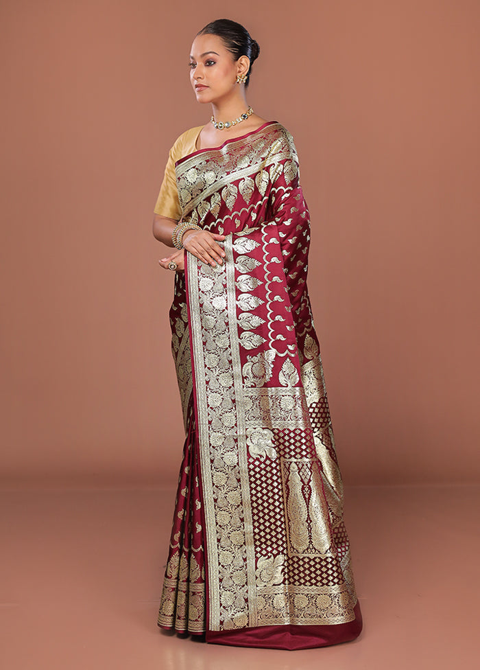 Maroon Banarasi Silk Saree With Blouse Piece