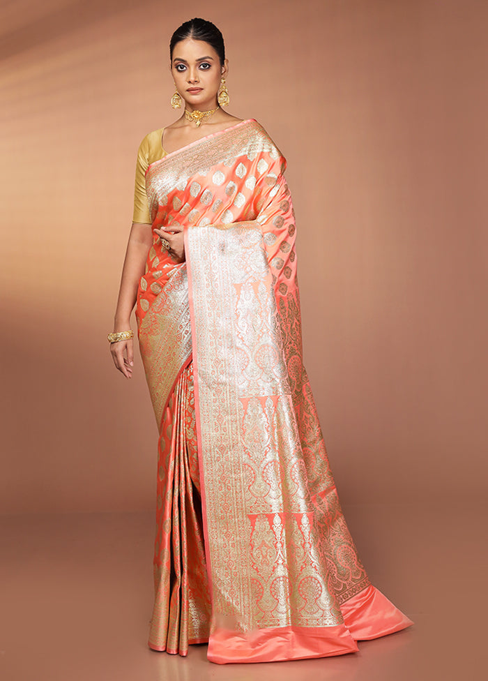 Peach Banarasi Silk Saree With Blouse Piece