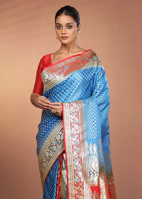 Blue Banarasi Silk Saree With Blouse Piece