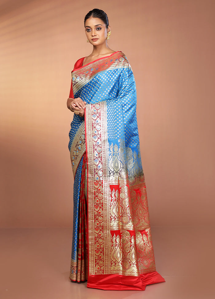 Blue Banarasi Silk Saree With Blouse Piece