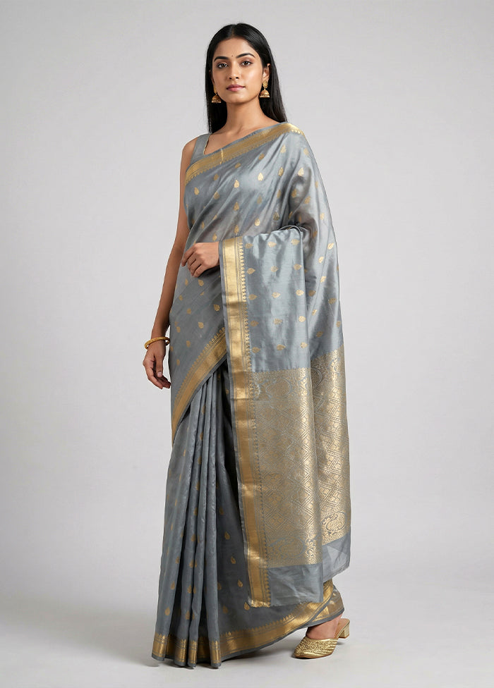 Grey Kanjivaram Silk Saree With Blouse Piece