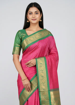 Pink Kanjivaram Silk Saree With Blouse Piece