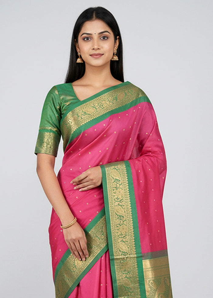 Pink Kanjivaram Silk Saree With Blouse Piece