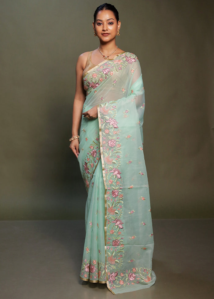 Green Organza Saree With Blouse Piece