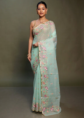 Green Organza Saree With Blouse Piece