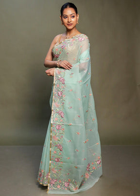 Green Organza Saree With Blouse Piece