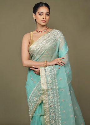 Green Organza Saree With Blouse Piece