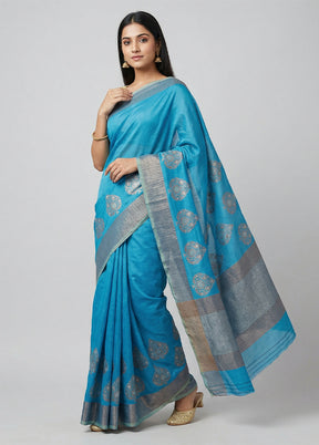 Blue Handloom Tussar Pure Silk Saree With Blouse Piece