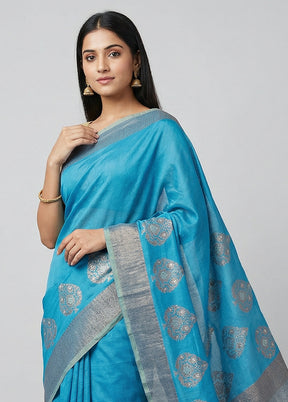 Blue Handloom Tussar Pure Silk Saree With Blouse Piece