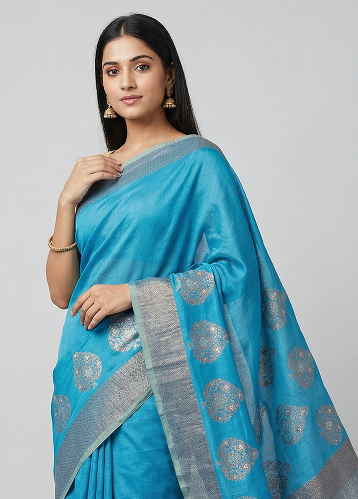 Blue Handloom Tussar Pure Silk Saree With Blouse Piece
