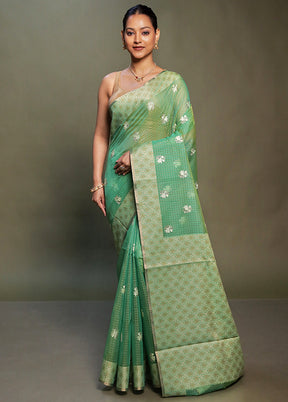 Green Kota Cotton Saree With Blouse Piece