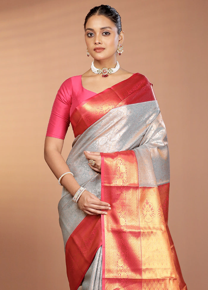 Grey Kanjivaram Silk Saree With Blouse Piece