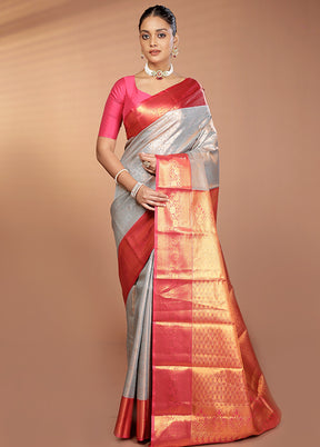 Grey Kanjivaram Silk Saree With Blouse Piece