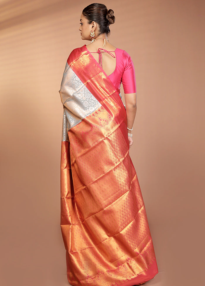 Grey Kanjivaram Silk Saree With Blouse Piece