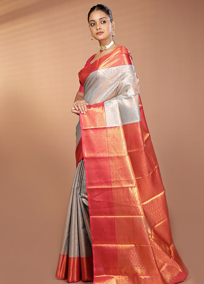 Grey Kanjivaram Silk Saree With Blouse Piece