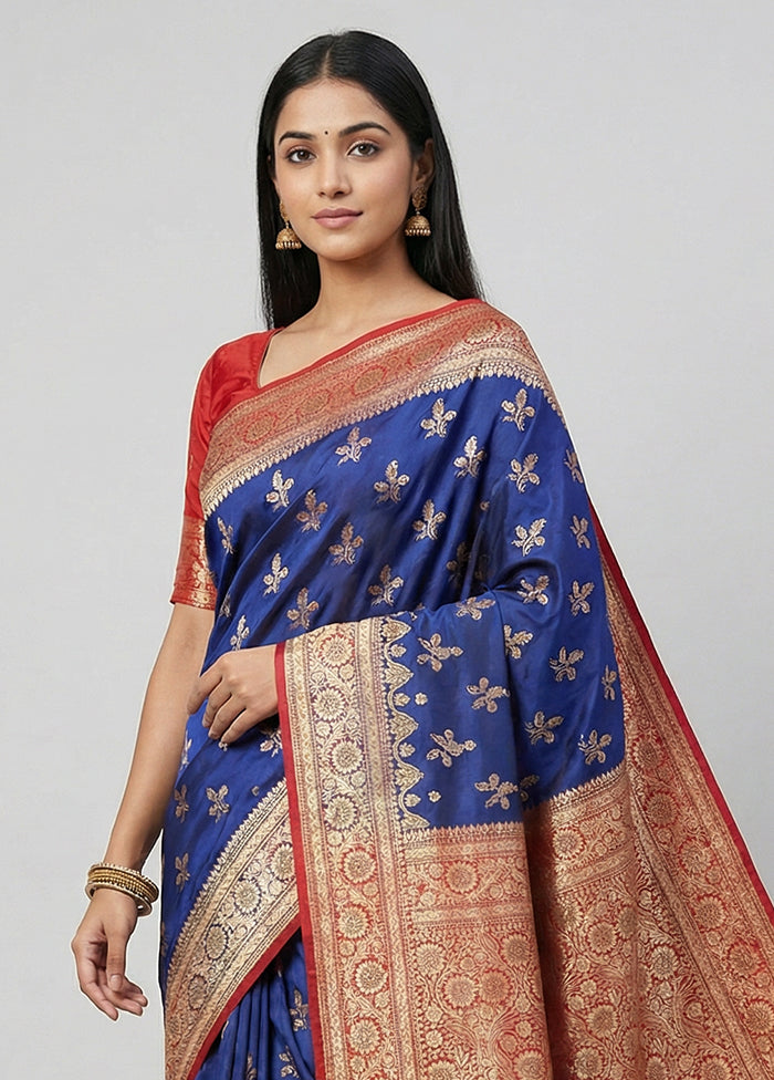 Blue Banarasi Silk Saree With Blouse Piece