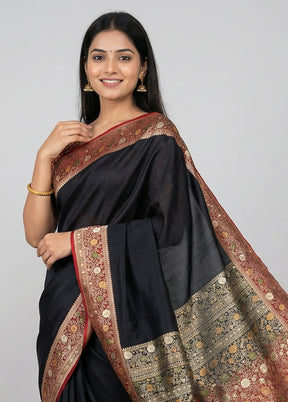 Black Handloom Banarasi Pure Silk Saree With Blouse Piece