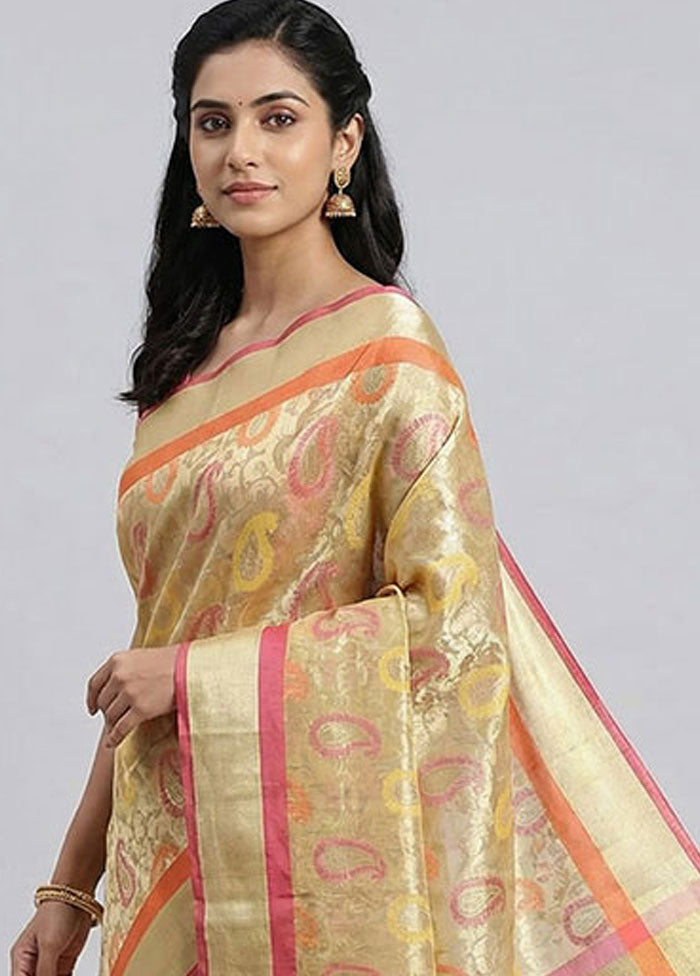 Cream Kora Silk Saree With Blouse Piece