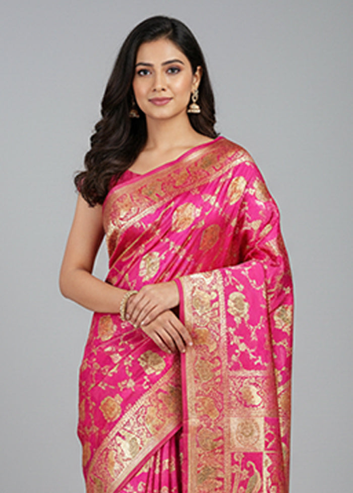 Pink Handloom Banarasi Pure Silk Saree With Blouse Piece