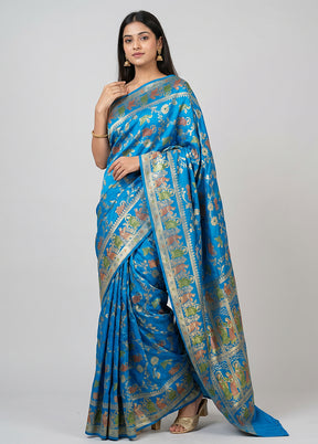 Blue Handloom Banarasi Pure Silk Saree With Blouse Piece