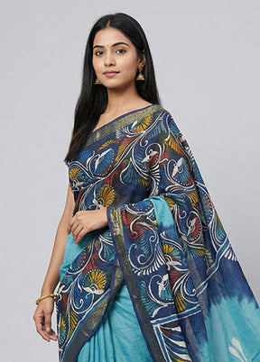 Blue Chanderi Cotton Saree With Blouse Piece
