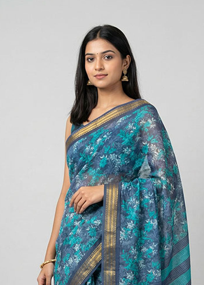 Grey Chanderi Cotton Saree With Blouse Piece