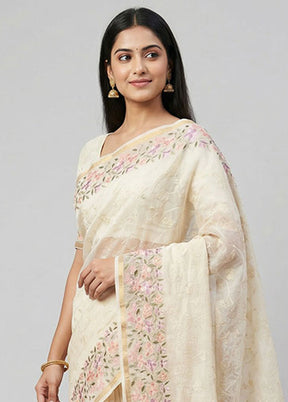 Cream Organza Saree With Blouse Piece