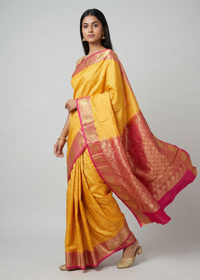 Yellow Handloom Kanjivaram Silk Saree With Blouse Piece