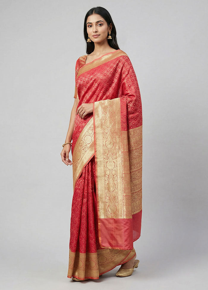 Pink Handloom Tanchoi Pure Silk Saree With Blouse Piece