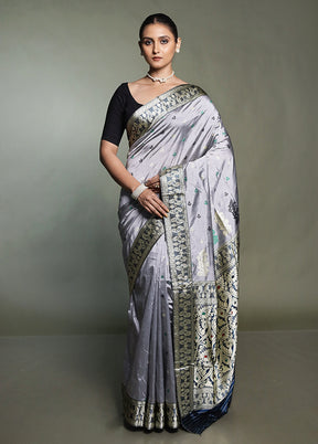 Grey Handloom Assam Pure Silk Saree With Blouse Piece