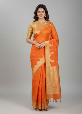 Orange Kora Silk Saree With Blouse Piece