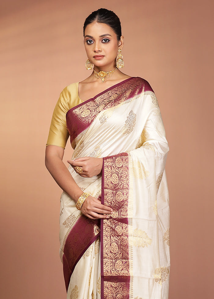 Cream Handloom Dupion Pure Silk Saree With Blouse Piece