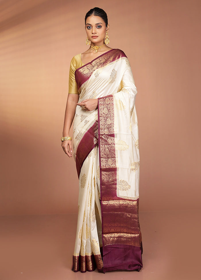 Cream Handloom Dupion Pure Silk Saree With Blouse Piece